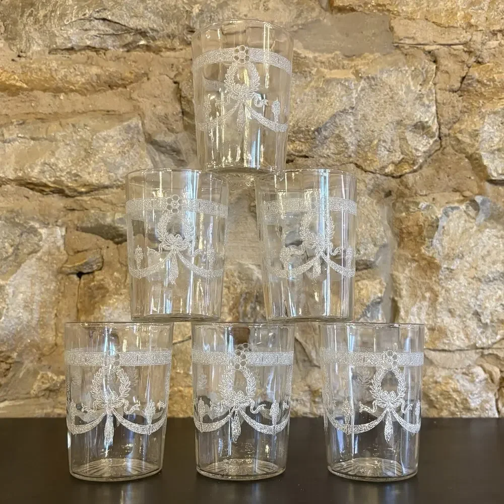 Vintage White Enamel Bow Swag Garland Juice Glass Tumblers Optic Panel Set of 6